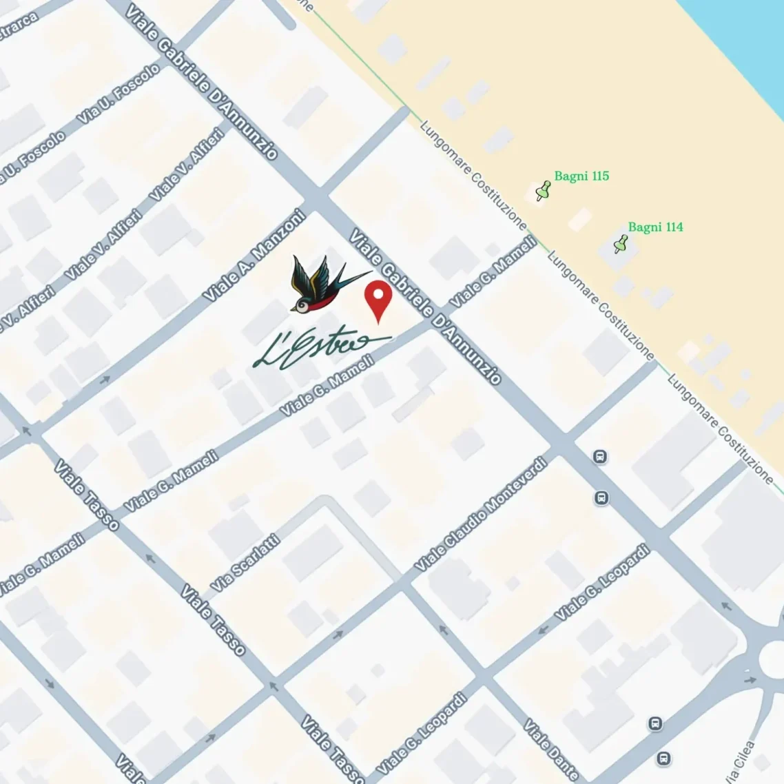 Mappa di Riccione con segnaposto de L'Estro Viale D'annunzio 93, vicino alla spiaggia fra i bagni 114 e bagni 115 di Riccione