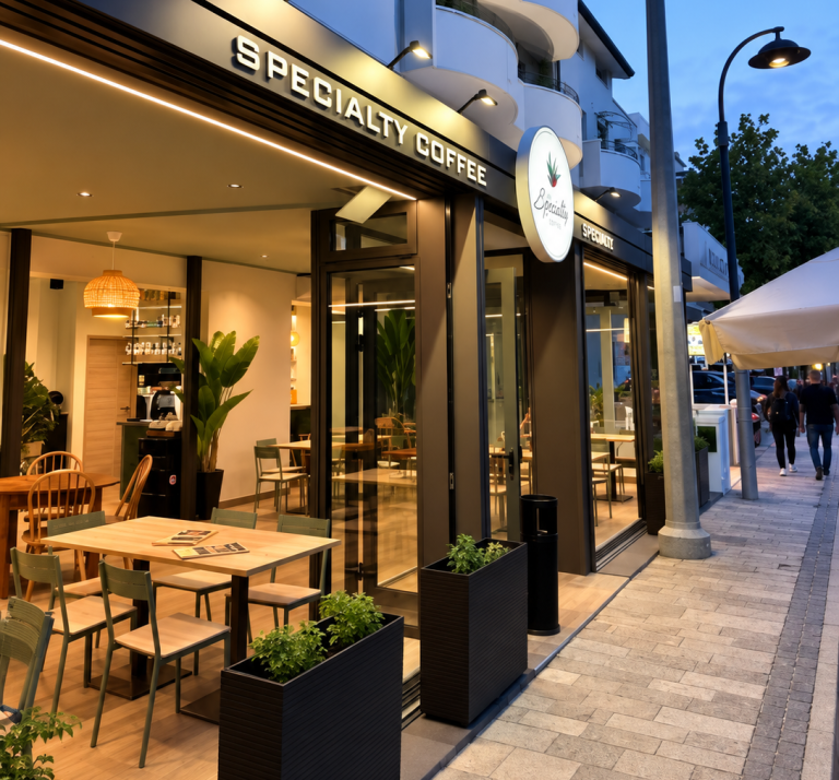 Il ristorante L'Estro ristrutturato nel 2026 Ristrutturazione dell'Estro nell'estate 2026. Ristorante con veranda, tavoli all'aperto e alberi verdi lungo la strada.