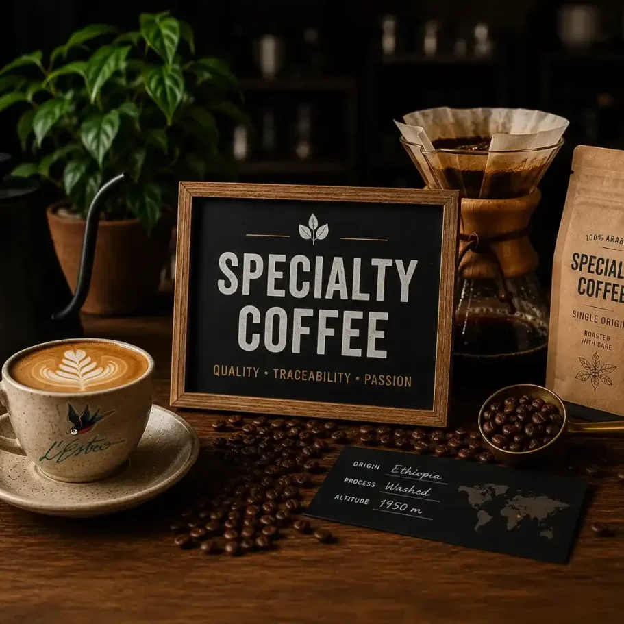 Specialty coffee, caffè di qualità in grani , cappuccino