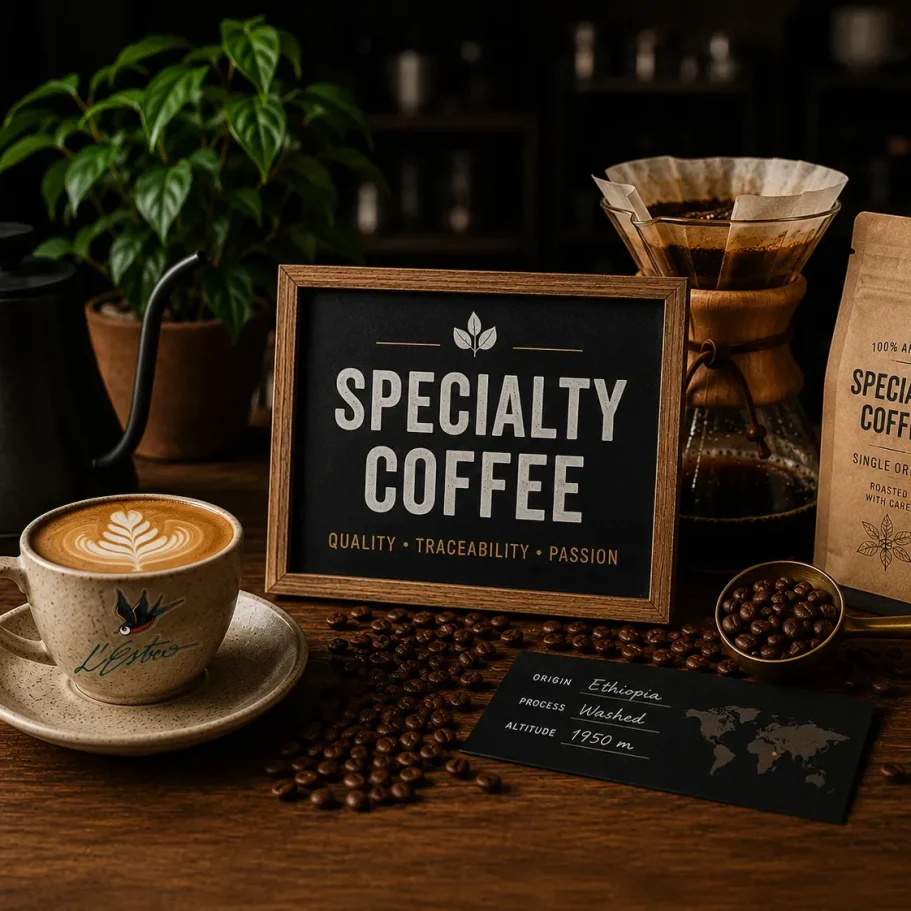 Specialty coffee, caffè di qualità in grani , cappuccino